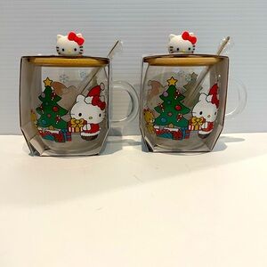 Cute Hello Kitty Christmas Glass Mug with Lid- Set of 2- NWT